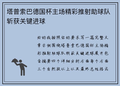 塔普索巴德国杯主场精彩推射助球队斩获关键进球